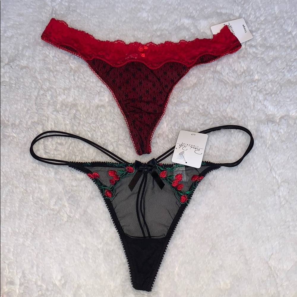 Two black and red lace Rene Rofe thong panties